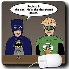 A funny cartoon mousepad with the Green Lantern and Batman