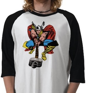 Thor ready to strike with his hammer on this t-shirt