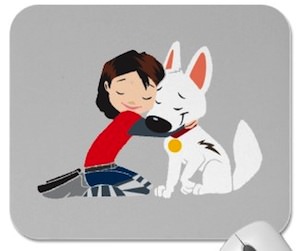 Penny giving her dog Bolt a hug on this mousepad