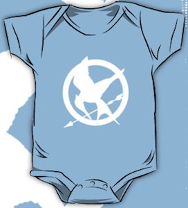 The hunger Games one piece baby bodysuit with Mockingjay logo